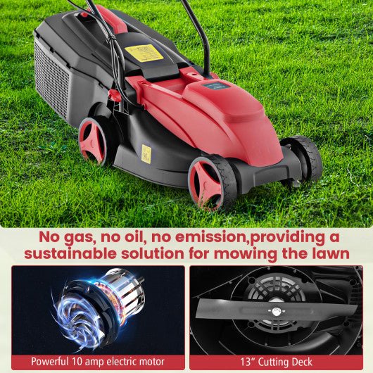  - 10 AMP 13 Inch Electric Corded Lawn Mower with Collection Box - Red - Outdoor Style Company