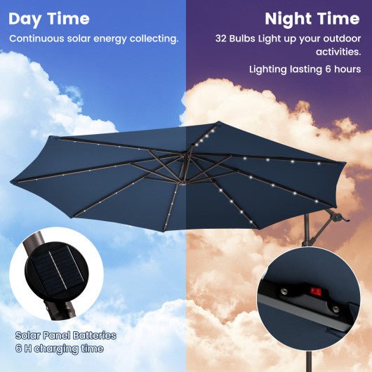  - 10 Feet Cantilever Umbrella with 32 LED Lights and Solar Panel Batteries - Outdoor Style Company