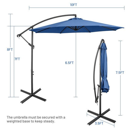  - 10 Feet Offset Umbrella with 8 Ribs Cantilever and Cross Base - Blue - Outdoor Style Company