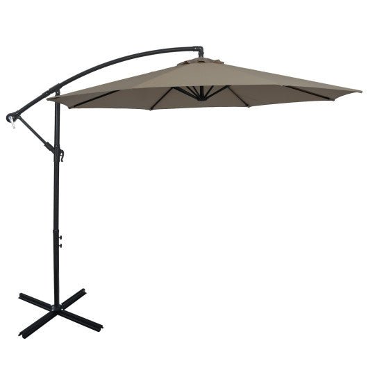  - 10 Feet Offset Umbrella with 8 Ribs Cantilever and Cross Base - Brown - Outdoor Style Company