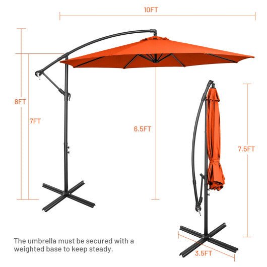  - 10 Feet Offset Umbrella with 8 Ribs Cantilever and Cross Base - Orange - Outdoor Style Company