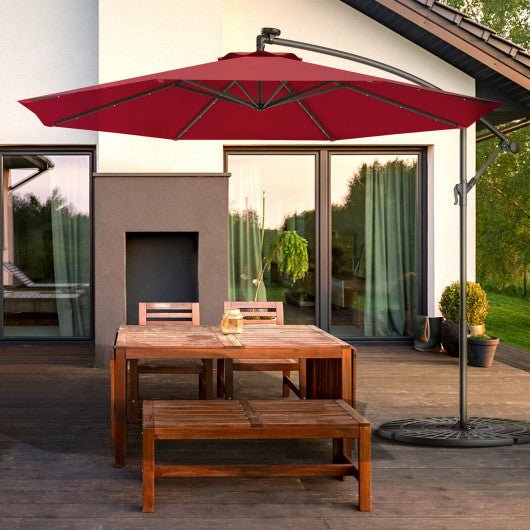  - 10 Feet Patio Hanging Solar LED Umbrella Sun Shade with Cross Base - Outdoor Style Company