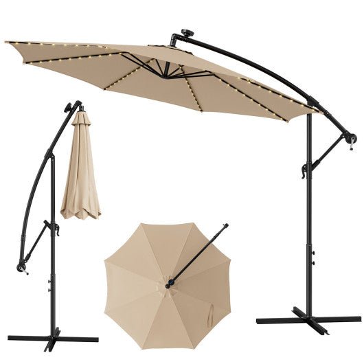  - 10 Feet Patio Offset Umbrella with 112 Solar - Powered LED Lights - Beige - Outdoor Style Company