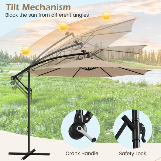  - 10 Feet Patio Offset Umbrella with 112 Solar - Powered LED Lights - Beige - Outdoor Style Company