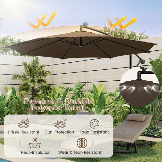  - 10 Feet Patio Offset Umbrella with 112 Solar - Powered LED Lights - Beige - Coffee - Outdoor Style Company