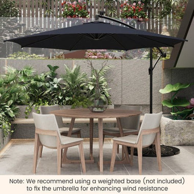  - 10 Feet Patio Offset Umbrella with 112 Solar - Powered LED Lights - Beige - Navy - Outdoor Style Company