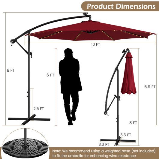  - 10 Feet Patio Offset Umbrella with 112 Solar - Powered LED Lights - Beige - Wine - Outdoor Style Company