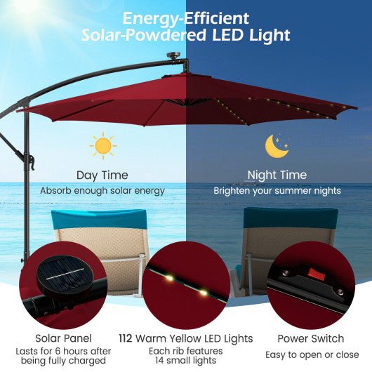  - 10 Feet Patio Offset Umbrella with 112 Solar - Powered LED Lights - Beige - Wine - Outdoor Style Company