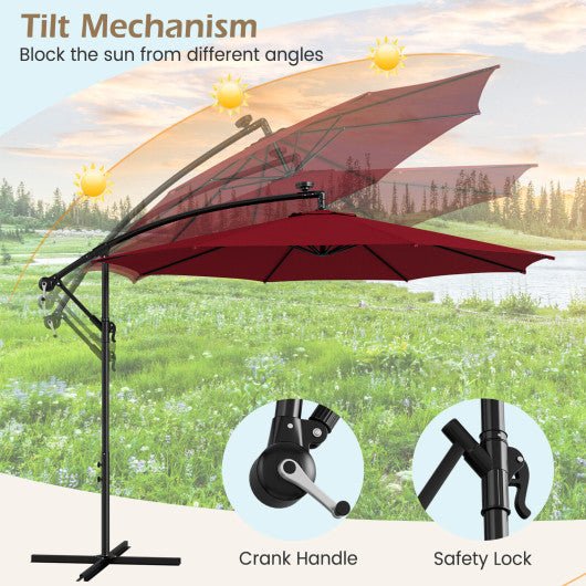  - 10 Feet Patio Offset Umbrella with 112 Solar - Powered LED Lights - Beige - Wine - Outdoor Style Company