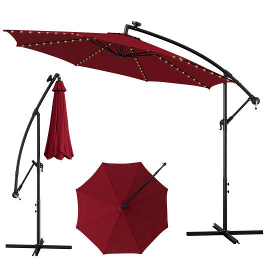  - 10 Feet Patio Offset Umbrella with 112 Solar - Powered LED Lights - Beige - Wine - Outdoor Style Company