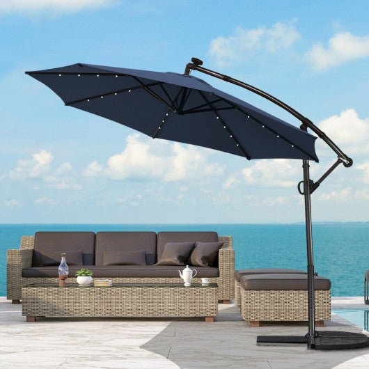10 ft 360° Rotation Solar Powered LED Patio Offset Umbrella without Weight Base 10 ft 360° Rotation Solar Powered LED Patio Offset Umbrella without Weight Base