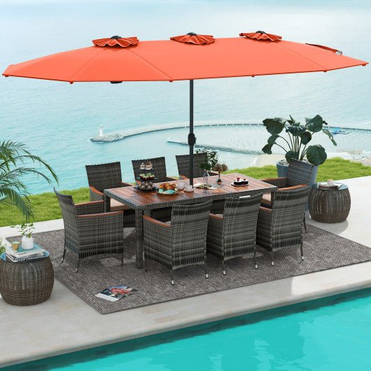  - 10 Pieces Patio Wicker Dining Set with 15 Feet Double - Sided Patio Umbrella - Outdoor Style Company