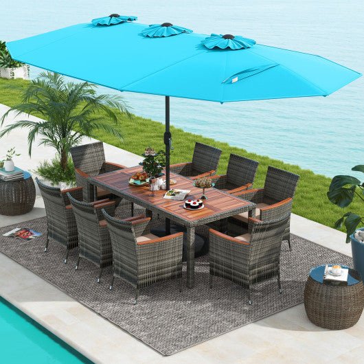  - 10 Pieces Patio Wicker Dining Set with 15 Feet Double - Sided Patio Umbrella - Outdoor Style Company