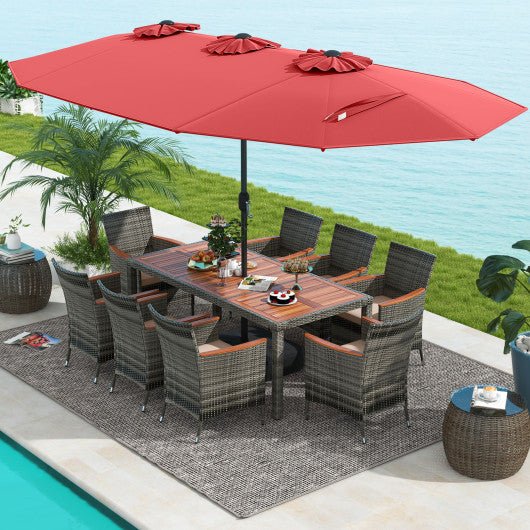  - 10 Pieces Patio Wicker Dining Set with 15 Feet Double - Sided Patio Umbrella - Outdoor Style Company