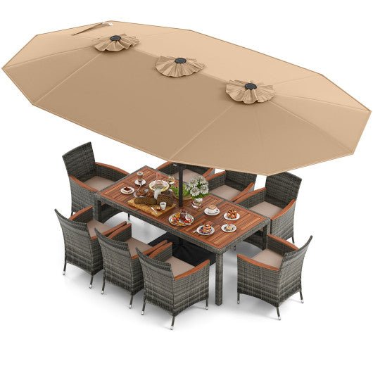  - 10 Pieces Patio Wicker Dining Set with 15 Feet Double - Sided Patio Umbrella - Outdoor Style Company