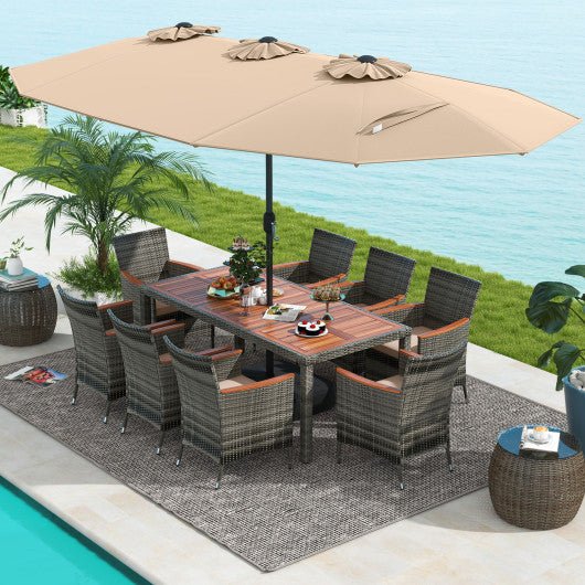  - 10 Pieces Patio Wicker Dining Set with 15 Feet Double - Sided Patio Umbrella - Outdoor Style Company