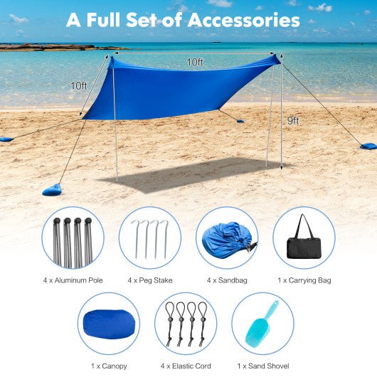  - 10 x 10 Feet Large Beach Sunshade Beach Tent Canopy with Sandbags - Blue - Outdoor Style Company