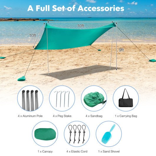  - 10 x 10 Feet Large Beach Sunshade Beach Tent Canopy with Sandbags - Green - Outdoor Style Company