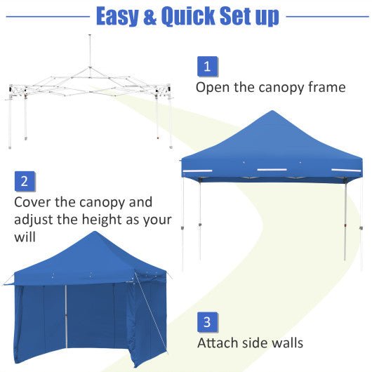  - 10 x 10 Feet Pop - up Gazebo with 5 Removable Zippered Sidewalls and Extended Awning - Blue - Outdoor Style Company