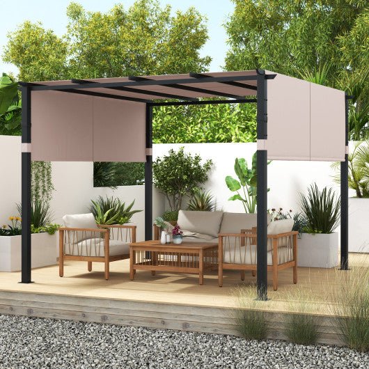  - 10 x 10 ft Flat Top Pergola with Retractable Canopy for Garden Pool Porch and Backyard - Beige - Outdoor Style Company