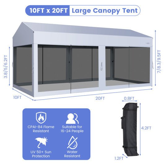  - 10 x 20 Feet Pop up Canopy Tent with Removable Sidewalls for Party - White - Outdoor Style Company