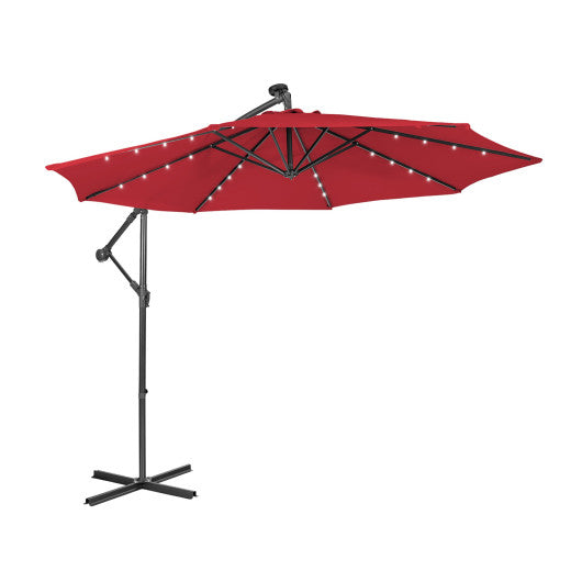 10 Feet Patio Solar Powered Cantilever Umbrella with Tilting System-Red