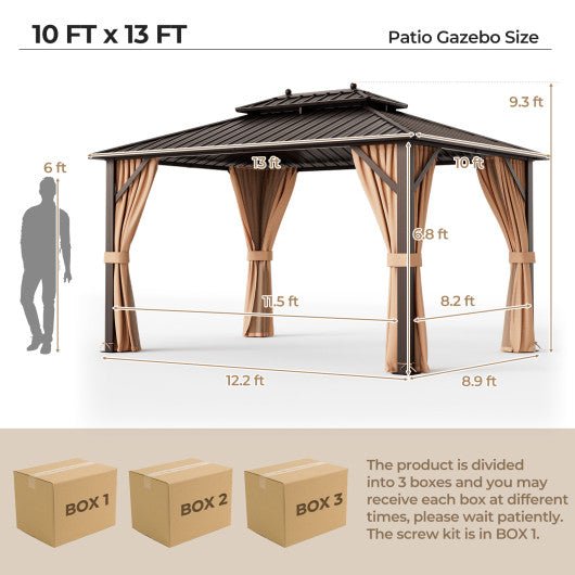  - 10x13ft Double - Roof Patio Hardtop Gazebo with Galvanized Steel Roof Netting and Curtains - Outdoor Style Company