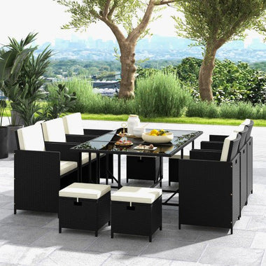  - 11 Piece Patio Dining Set Wicker Chairs and Tempered Glass Table with Waterproof Cushions - Black & White - Outdoor Style Company