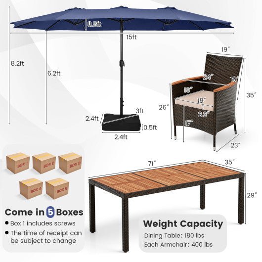  - 11 Pieces Patio Dining Set with 15 Feet Double - Sided Patio Umbrella and Base - Outdoor Style Company