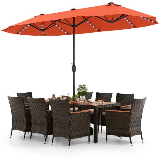  - 11 Pieces Patio Dining Set with 15 Feet Double - Sided Patio Umbrella and Base - Outdoor Style Company