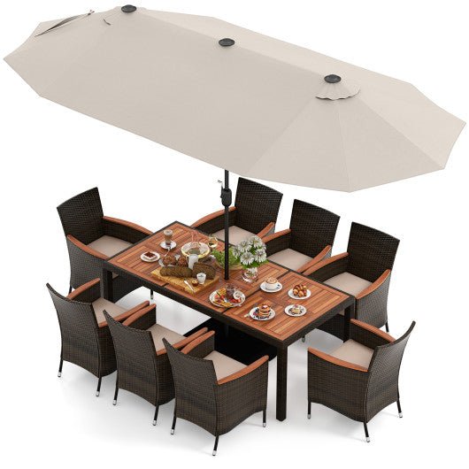  - 11 Pieces Patio Dining Set with 15 Feet Double - Sided Patio Umbrella and Base - Outdoor Style Company