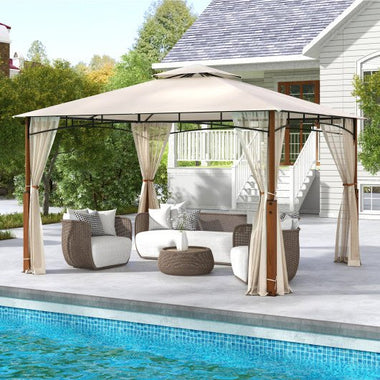  - 12 x 10 Feet Outdoor Patio Gazebo with Netting and 2 - Tier Canopy Roof - Beige - Outdoor Style Company