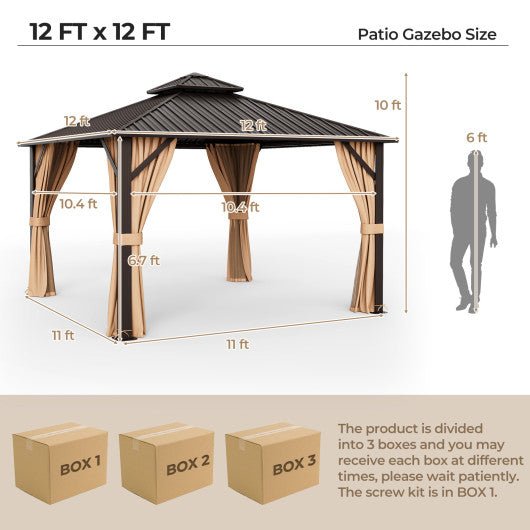  - 12 x 12 Feet Double - Roof Patio Hardtop Gazebo with Galvanized Steel Roof Netting and Curtains - Outdoor Style Company