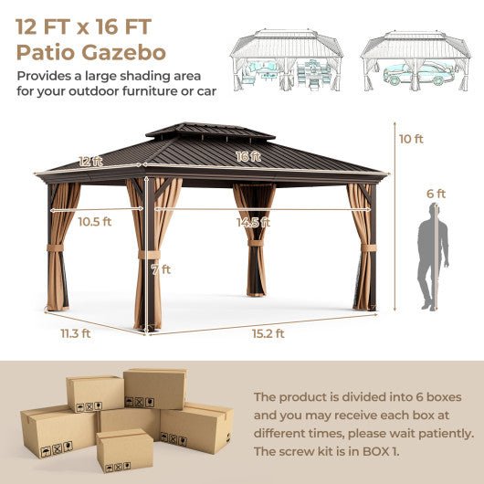  - 12' x 16' Double - Roof Hardtop Gazebo with Galvanized Steel Roof - Coffee - Outdoor Style Company