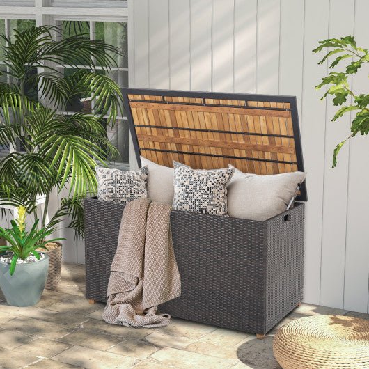  - 134 Gallon Rattan Storage Box with Zippered Liner and Solid Acacia Wood Top - Outdoor Style Company