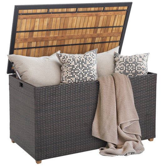  - 134 Gallon Rattan Storage Box with Zippered Liner and Solid Acacia Wood Top - Outdoor Style Company