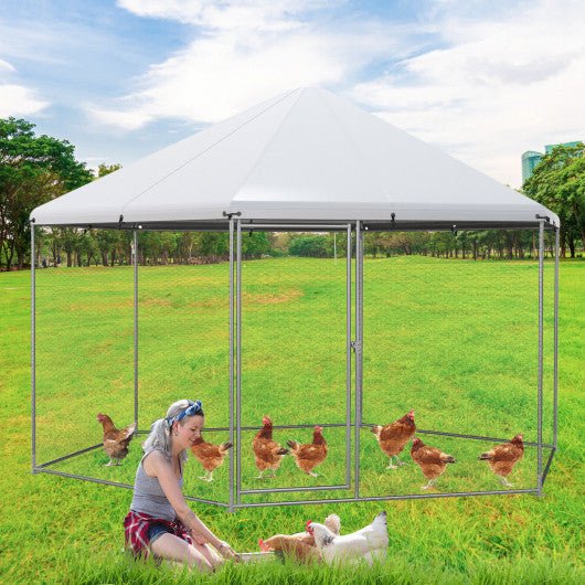  - 13FT Large Metal Hexagonal Chicken Coop with Wire Mesh and Lockable Door - Outdoor Style Company