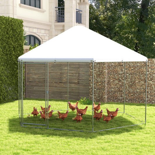  - 13FT Large Metal Hexagonal Chicken Coop with Wire Mesh and Lockable Door - Outdoor Style Company