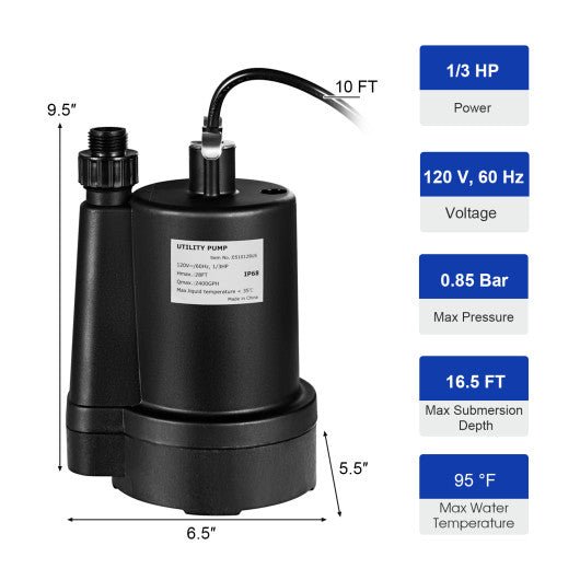  - 1/3HP 2400GPH Submersible Utility Pump Portable Electric Water Pump with 10 FT Cord - Outdoor Style Company