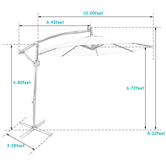 10FT 360° Rotation Solar Powered LED Patio Offset Umbrella-Turquoise