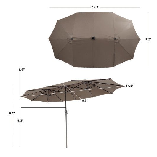  - 15 Feet Twin Patio Umbrella with 48 Solar LED Lights - Outdoor Style Company