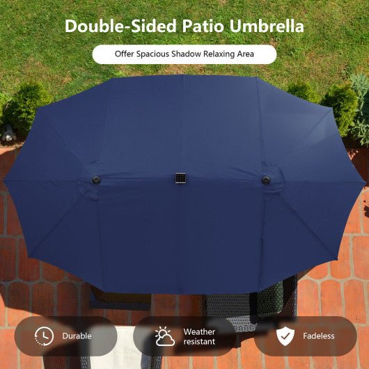  - 15 Feet Twin Patio Umbrella with 48 Solar LED Lights - Outdoor Style Company