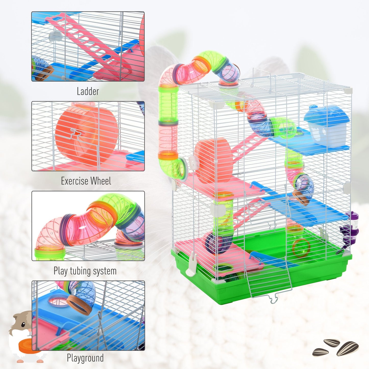 AOSOM-18" 5 Tier Hamster Cage with Tubes and Tunnels, Small Animal Cage with Portable Carry Handle, Rat Gerbil Cage with Water Bottle, Food Dish - Outdoor Style Company