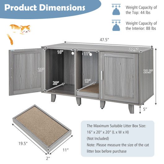  - 2 - Door Cat Litter Box Enclosure with Winding Entry and Scratching Board - Outdoor Style Company