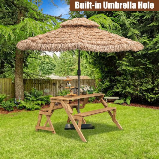  - 2 - in - 1 Transforming Interchangeable Wooden Picnic Table Bench with Umbrella Hole - Dark Brown - Outdoor Style Company