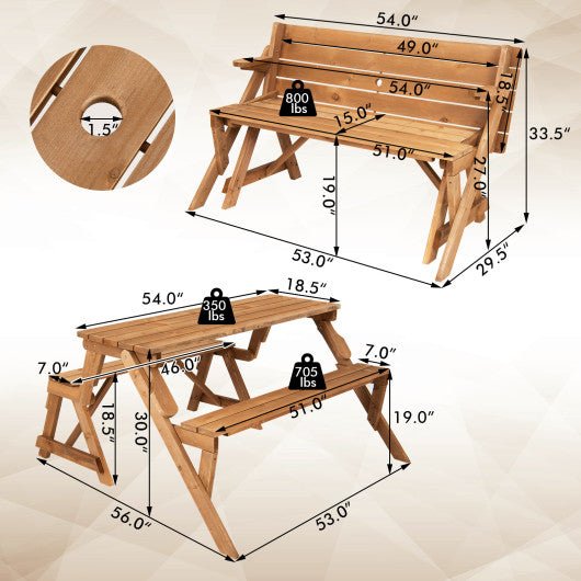  - 2 - in - 1 Transforming Interchangeable Wooden Picnic Table Bench with Umbrella Hole - Dark Brown - Outdoor Style Company