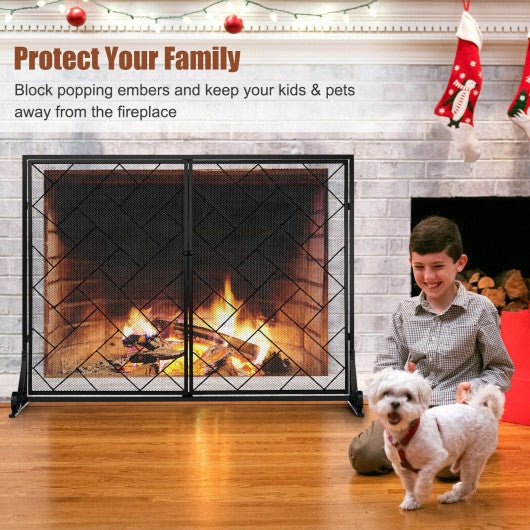  - 2 - Panel Fireplace Screen Folding Metal Fire Place Safety Fence with Magnetic Doors - Black - Outdoor Style Company