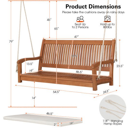  - 2 - Person Hanging Porch Swing Wood Bench with Cushion Curved Back - Outdoor Style Company