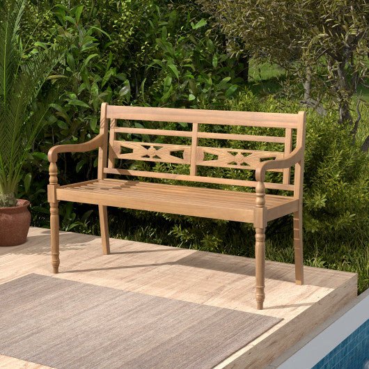  - 2 - Person Teak Wood Patio Bench with Wide Backrest and Curved Armrests - Outdoor Style Company