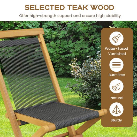  - 2 Piece Indonesia Teak Patio Folding Chairs with Woven Rope Seat and Back for Porch Backyard Poolside - Outdoor Style Company